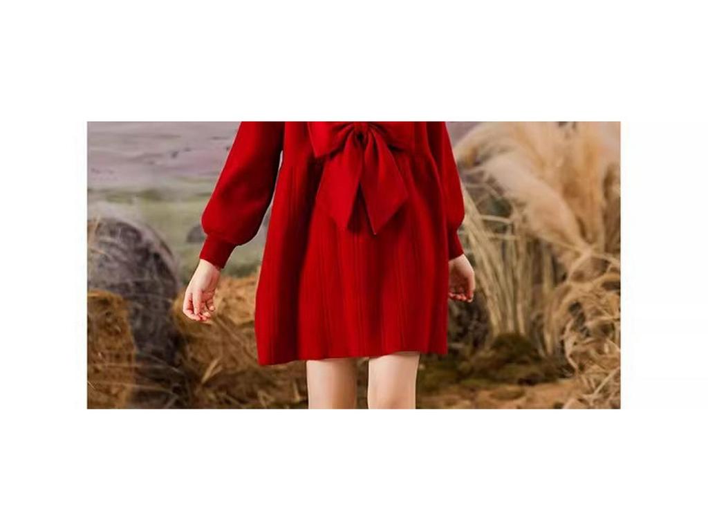 Girls' Red Faux Two-Piece Knitted Dress, 2025 Style, Autumn/Winter Fashion for Big Girls