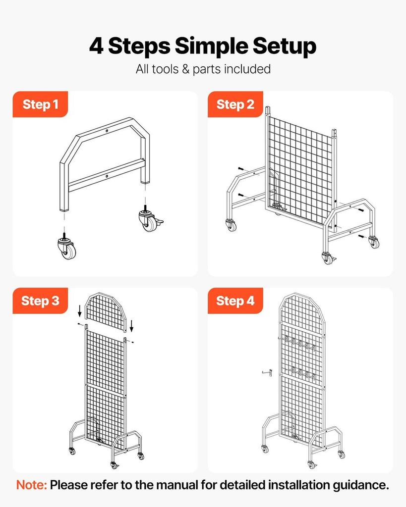2 Pack Grid Wall Panel 600 X 1640 Mm Wire Display Rack with Wheels & Hooks