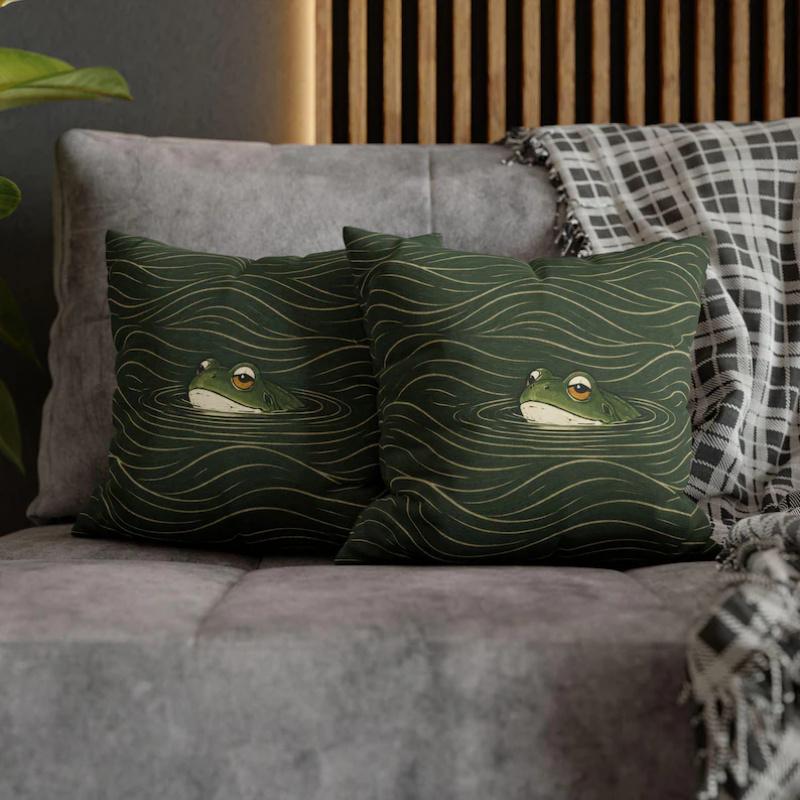 Double Sided Green Frog Japandi Art Soft Throw Pillow Cover For Bed Sofa Home Decor