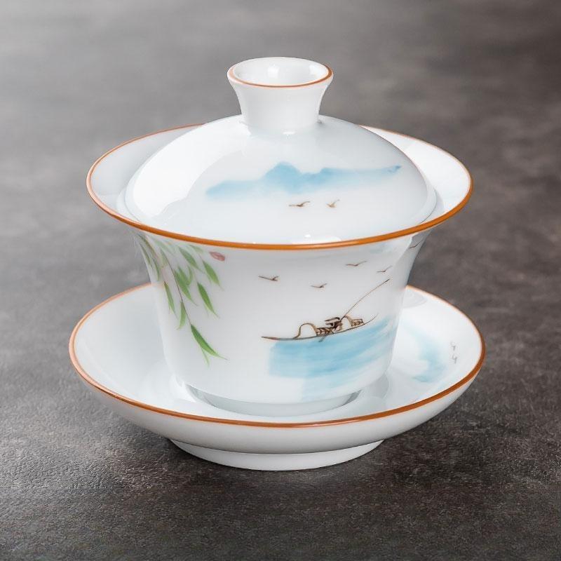150ml Ceramic Hand-painted Tea Cup Non Hot White Porcelain Sancai Tea Bowl Underglaze Color Covered Bowl Drinking Utensils