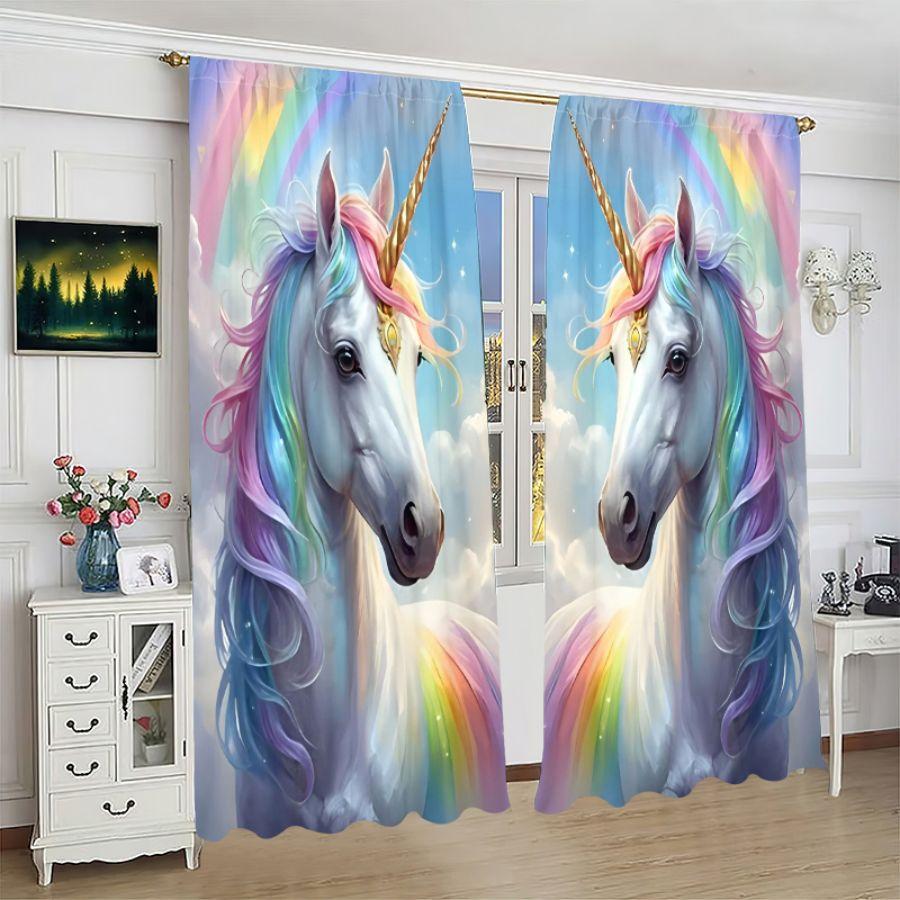 2pcs- Rainbow Pony Unicorn Polyester Curtains, Pole Bag Curtains 42 * 84, Bedroom, Living Room, Home Room Decoration