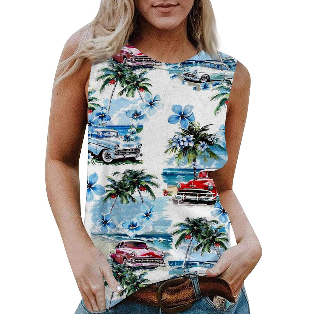 Damen Rundhals Lässig Ärmellos X Hawaiianisch Bedrucktes Westen-T-Shirt Top