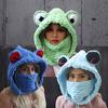 Thick Yarn Full-Face Coverage Hooded Mask with Moisture-Wicking Suitable for Halloween Cosplay, Stretchable Frog-Themed Neck Warmer & Warm Hat for And