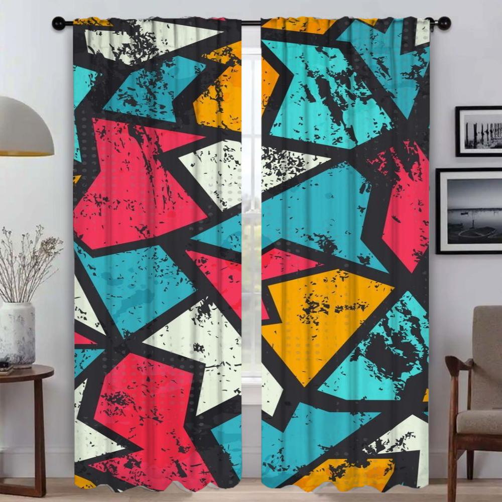 Home Interior Curtains Living Room Curtain Colorful Pattern Blinds Tulle Bedroom Partition Shades Set Of 2 Made Polyester Decor