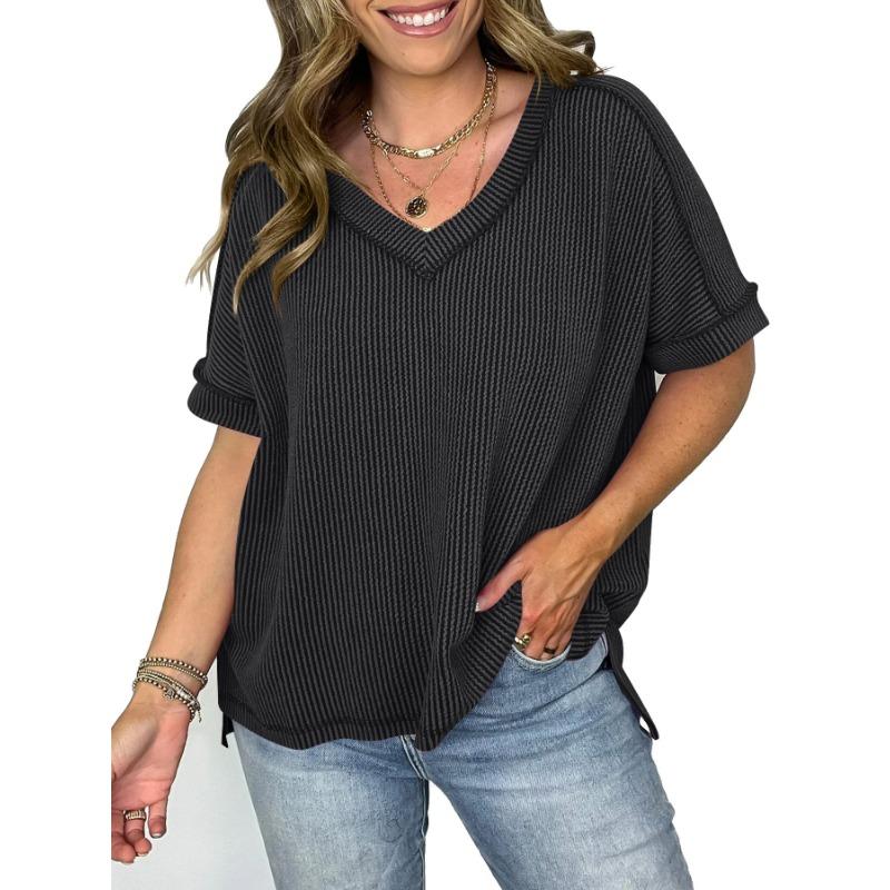 Women European Style V Neck Batwing Sleeve Spliced Slit Loose Pullover T Shirt