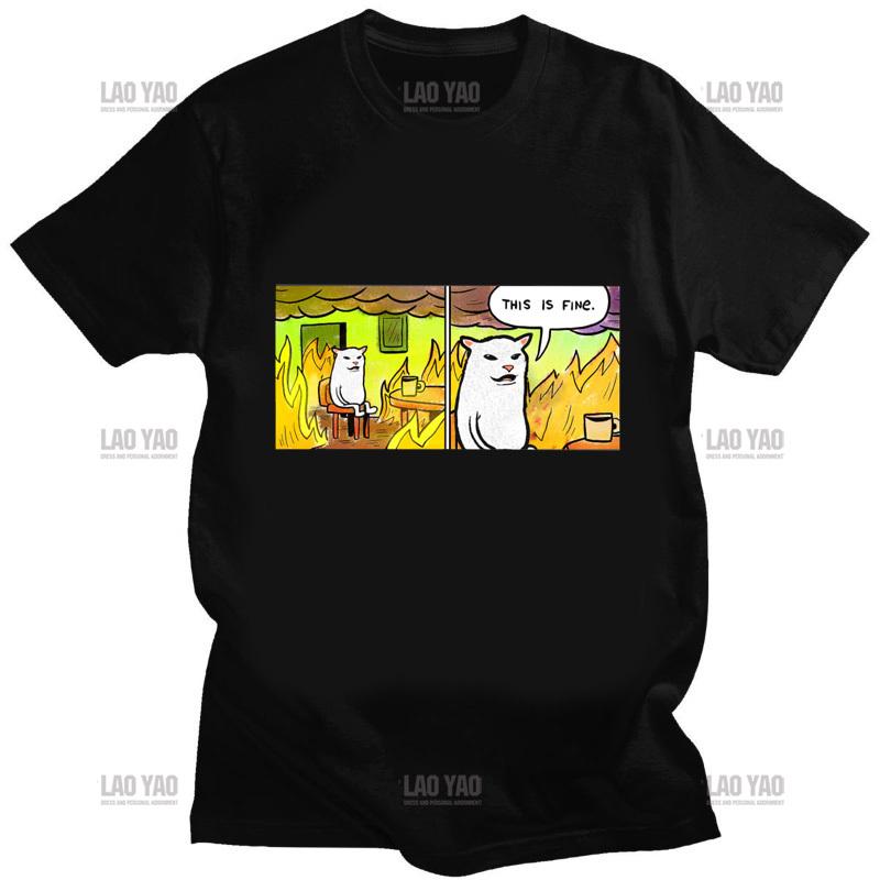 Men Casual T Shirt This Is Fine Meme TShirt for Men Crew Neck Fashion Tops Kawaii Dog Graphic Tees Oversized T Shirt Shirts