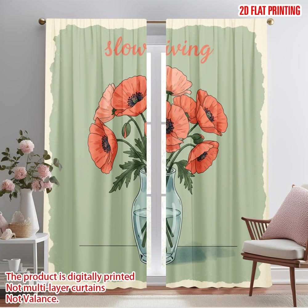

2pcs 2D flat printing Window Treatment Curtains red poppies vase living Polyester Without Electricity 0 Perfect for Decorations 52.50×116.00 CM 2pcs
