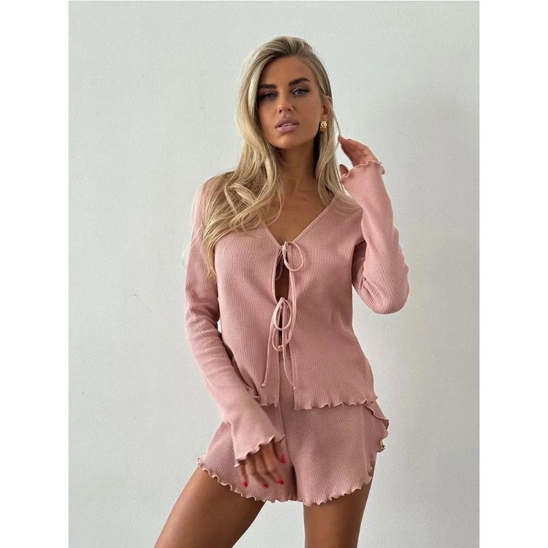 

Летний сексуальный кардиган на шнуровке, трикотажные шорты с длинными рукавами, женская домашняя одежда, мягкий пижамный комплект M