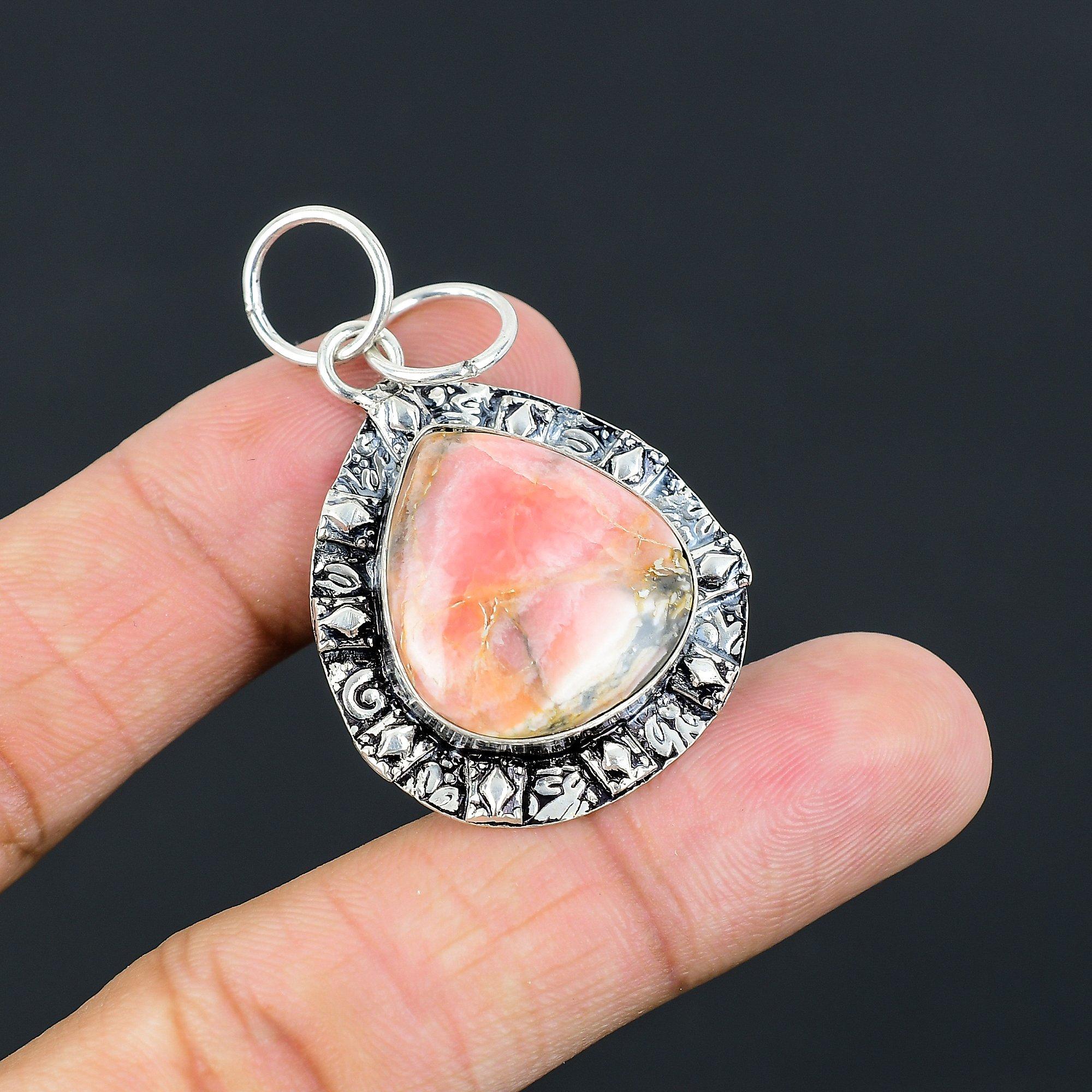 925 Sterling Silver Natural Rhodochrosite Engagement Art Deco Bezel Wife Pendant