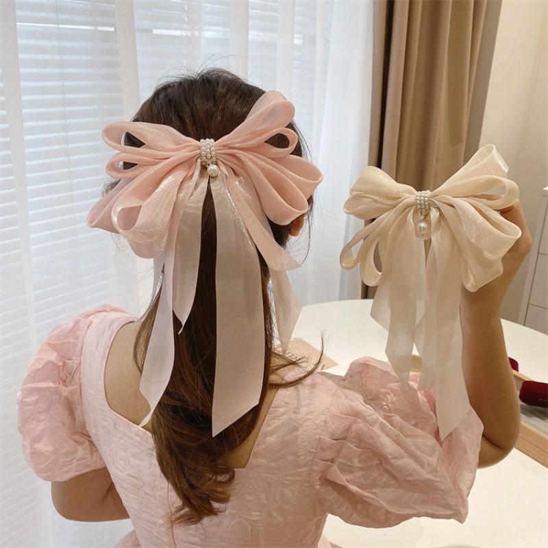 Handmade Pearl Bow Hair Clip Women Netting Accessory Korean Style Headband