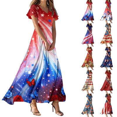 Women's Summer Casual Fashion Print Color Dresses V-Neck Short Sleeve Dresses