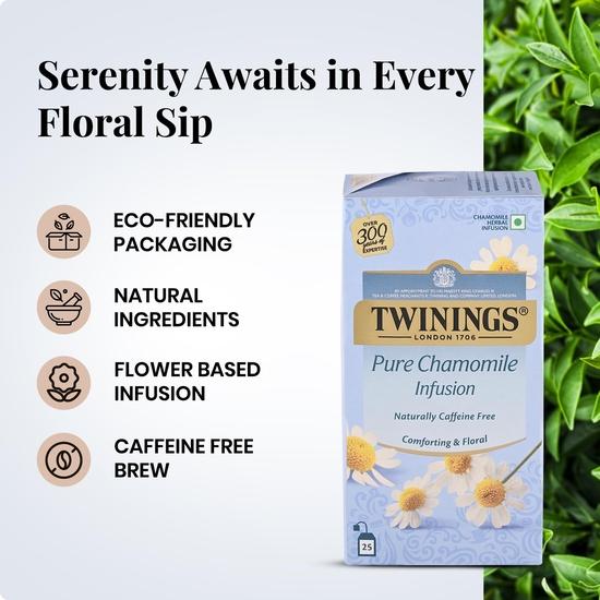 Twinings Pure Chamomile Tea, 25 Tea Bags| Caffeine-Free| Flower Based Infusion| Relieves Anxiety| Promotes Good Sleep | Pack of 1