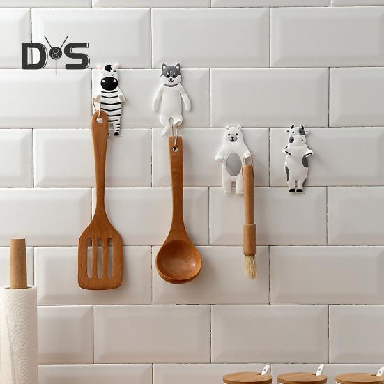 4Pcs Self-Adhesive Wall Hooks Cute Animal Shape Simple Installation Kitchen Bathroom Reusable Seamless Hooks