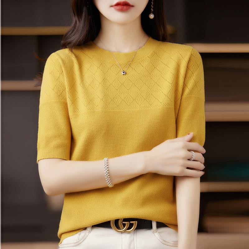 

IHUASU Женская трикотажная футболка, летняя, с круглым вырезом, ромбовидной вышивкой, с короткими рукавами, женские модные трикотажные топы с короткими рукавами XXL золотой