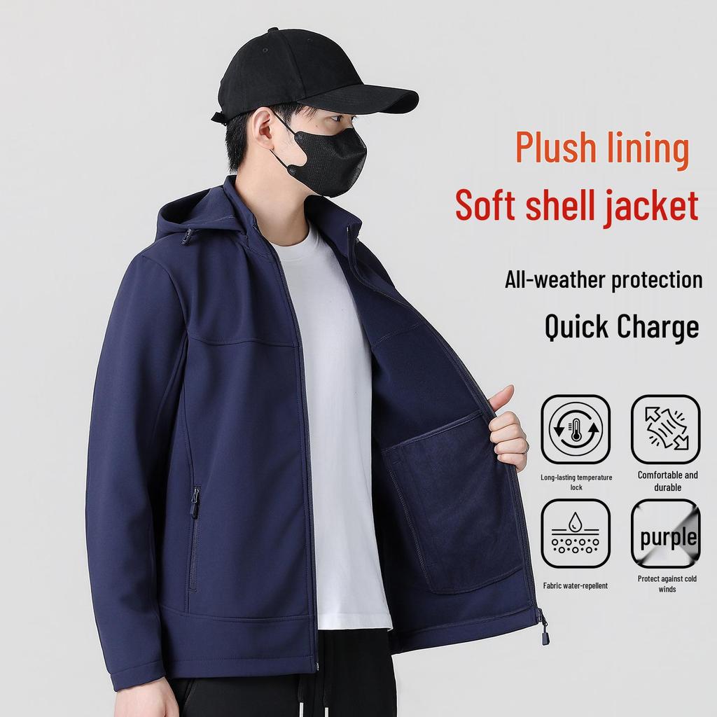 Men's Winter Softshell Jacket with Detachable Hood, Fleece-Lined, Windproof, and Warm - Plus Size Available
