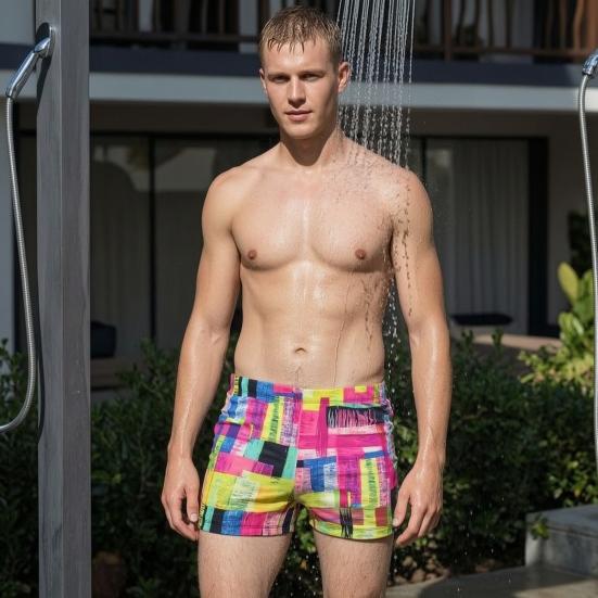 Swimming Trunks Mid Geometric Color Block Design Spandex
