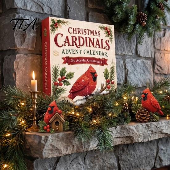 Acrylic Ornament Collection Red Bird Advent Calendar, 24-Day Christmas Countdown Set with Ornaments, 2D Tree Hanging Decor, Holiday Gift for