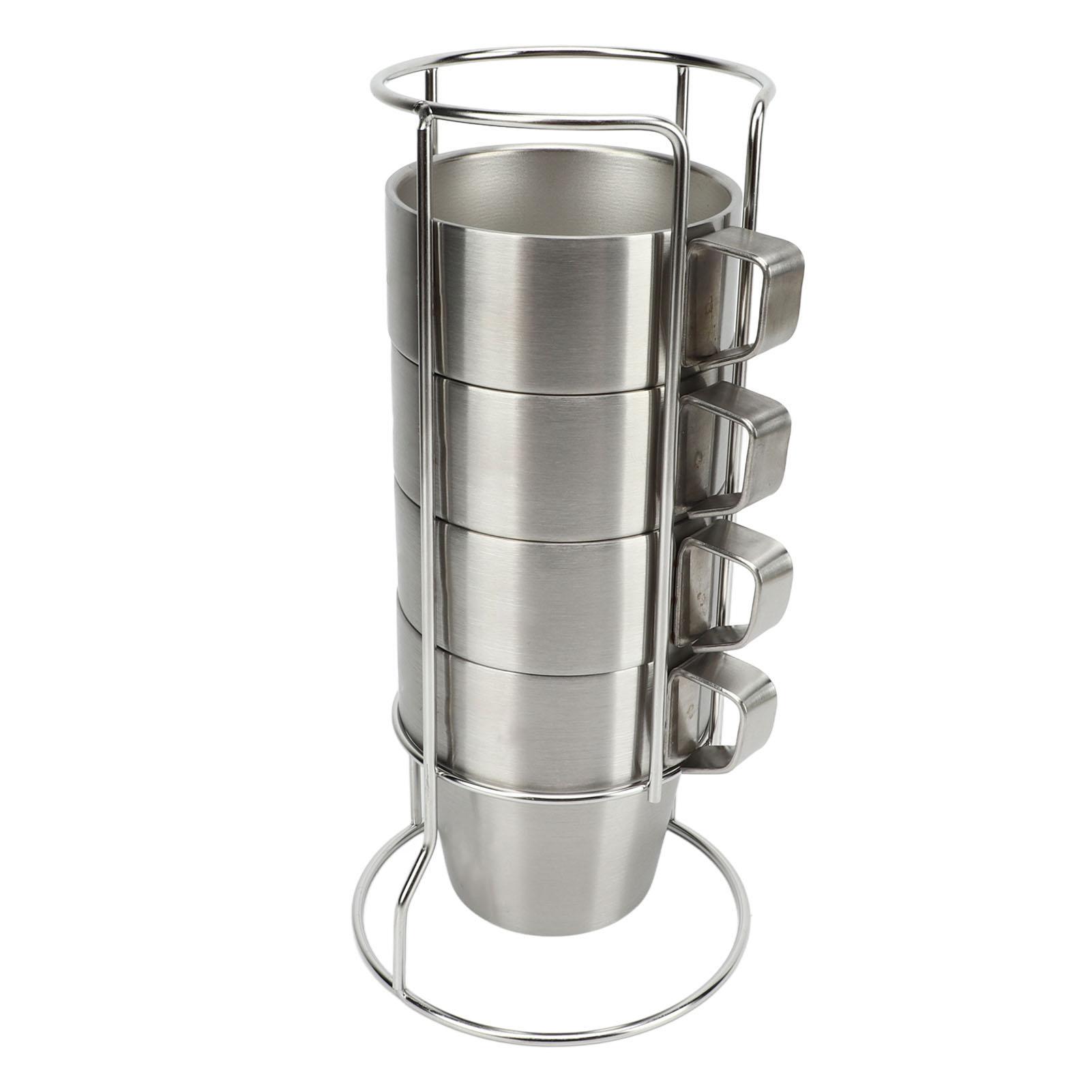 

4PCS Camping Double Layer Cups Stainless Steel Food Grade Plastic Spraying Stackable Coffee Cup for Picnic Silver серебряный
