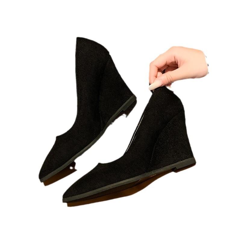 Damen Keilabsatz Einzelne Schuhe Professioneller Stil Hoher Absatz Spitze Zehenpartie Leichter Ausschnitt Flanelloberfläche Modisch und Bequem Temperamentvoll