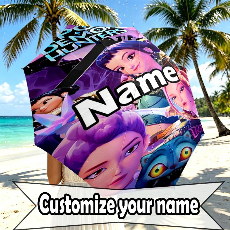 Custom Name Personalized KPop Demon Hunters Print Umbrella, Auto Open Close, 8‑Rib Sturdy Frame, Commute Camping Hiking Use, Birthday Gift