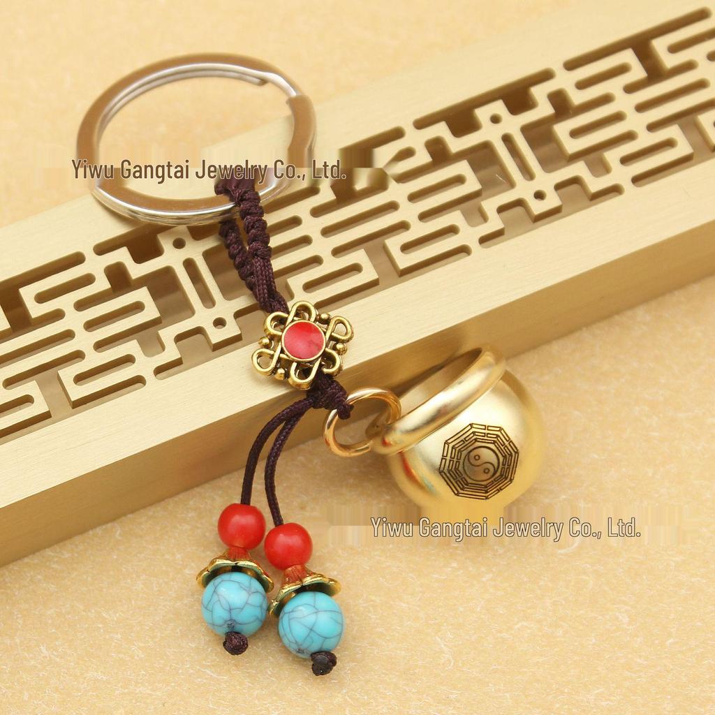 Brass Mini Blessings Jar Keychain with Five Emperors Coins, Green Bead, Rice Jar Pendant, and Rope