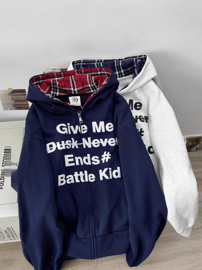 Unisex Heavyweight Faux Two-Piece Plaid Patchwork Hooded Sweatshirt: Spring/Autumn Versatile Trendy Couple Style Cardigan Jacket