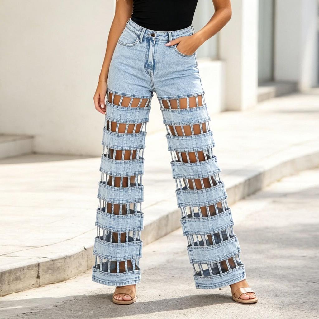 Women's Casual Fashion Hollow Out Denim Jeans Long Pants with High Waist and Straight Leg Cut for Everyday Wear and Street Style
