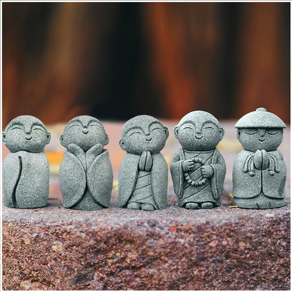 YUYAKESHI Jizo Guardian Blue God and Buddha Statue Set Set Figurine, Healing, Prayer, Jizo, Monk, Palm-Sized, Deity, Sandstone, Wish, Mini,