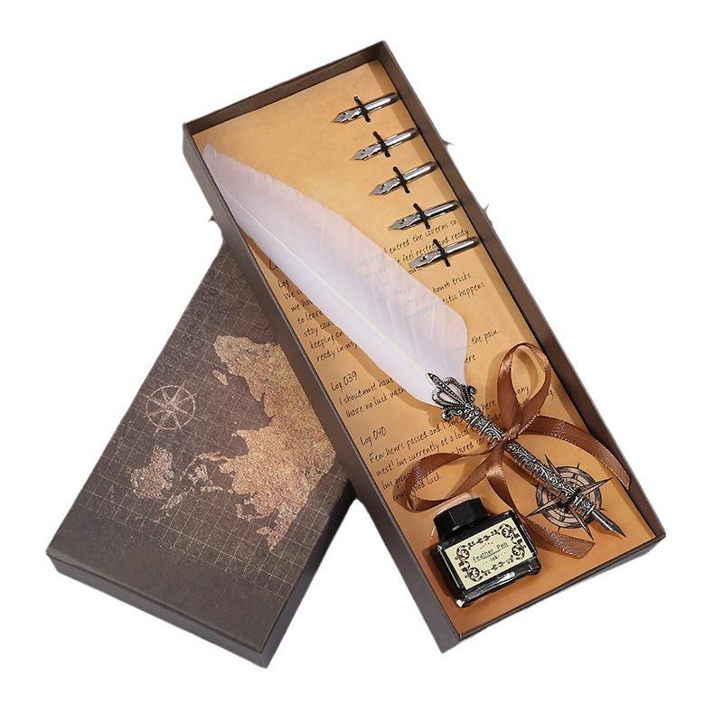 Map Creative Pen Gift Box Crown Quill Set Retro Metal Pen Pen Gift Pen