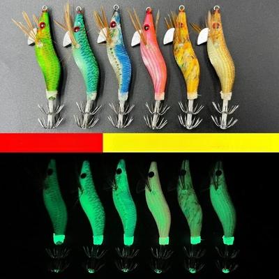 Leuchtender Holz Tintenfisch Jig Haken 1.5 Kleine Größe mit beschwerten Perlen für Sepia Meeresangeln Simulation Garnelenform Köder