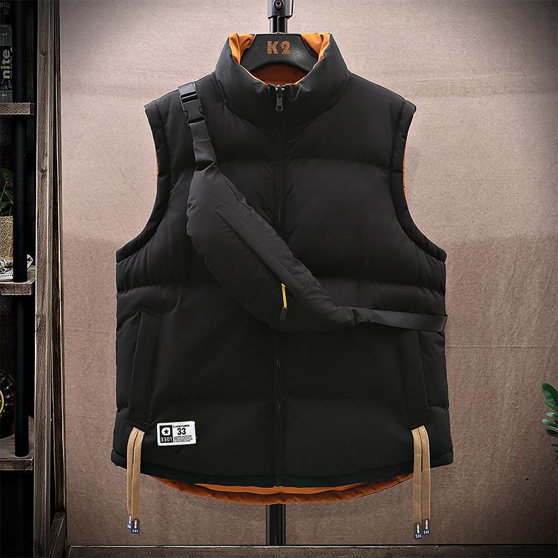 Double-sided cotton vest couple tide brand sports and leisure oblique span bag stand-up collar vest jacket men's multi-color optional trend