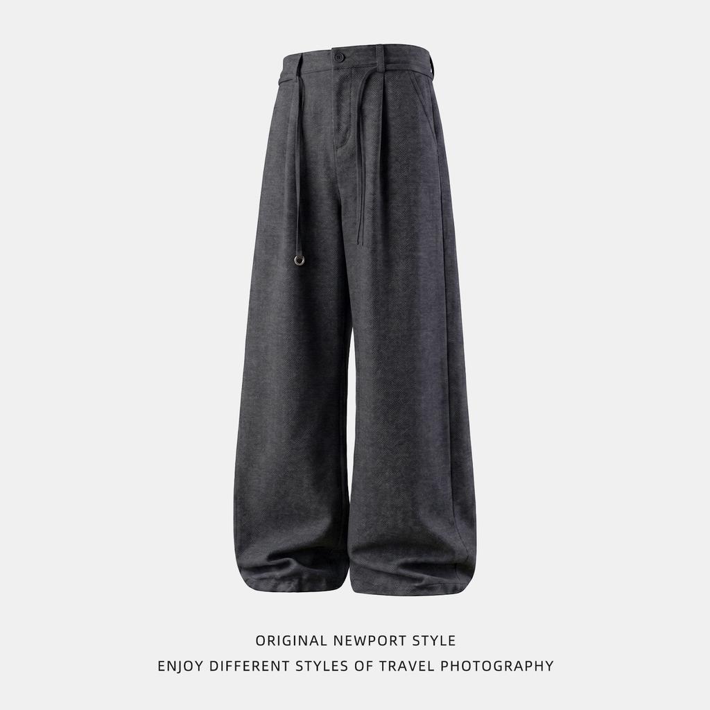 | Retro Old Money Woolen Trousers Men's Autumn Silhouette Loose Casual Pants Texture Thin Belt Trousers