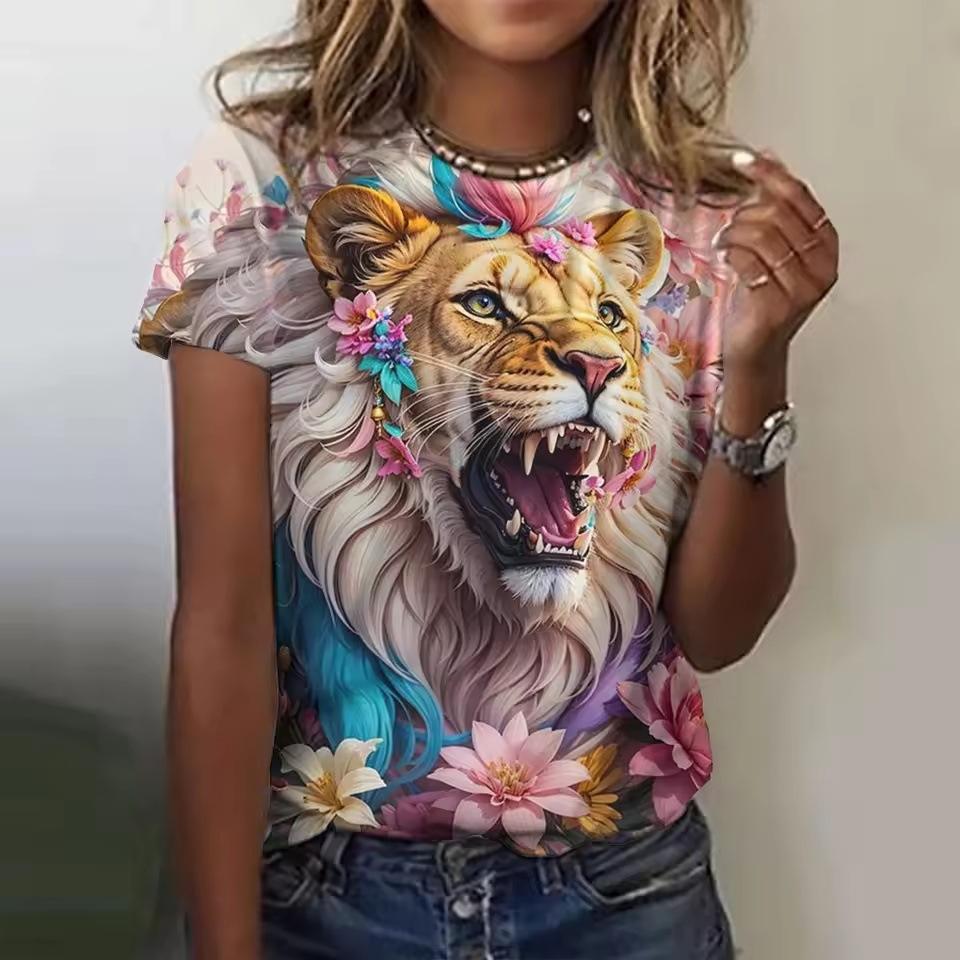 Summer Round Neck 3D Lion Tiger Leopard Print Top Fashionable Casual Short Sleeved Women's T-shirts