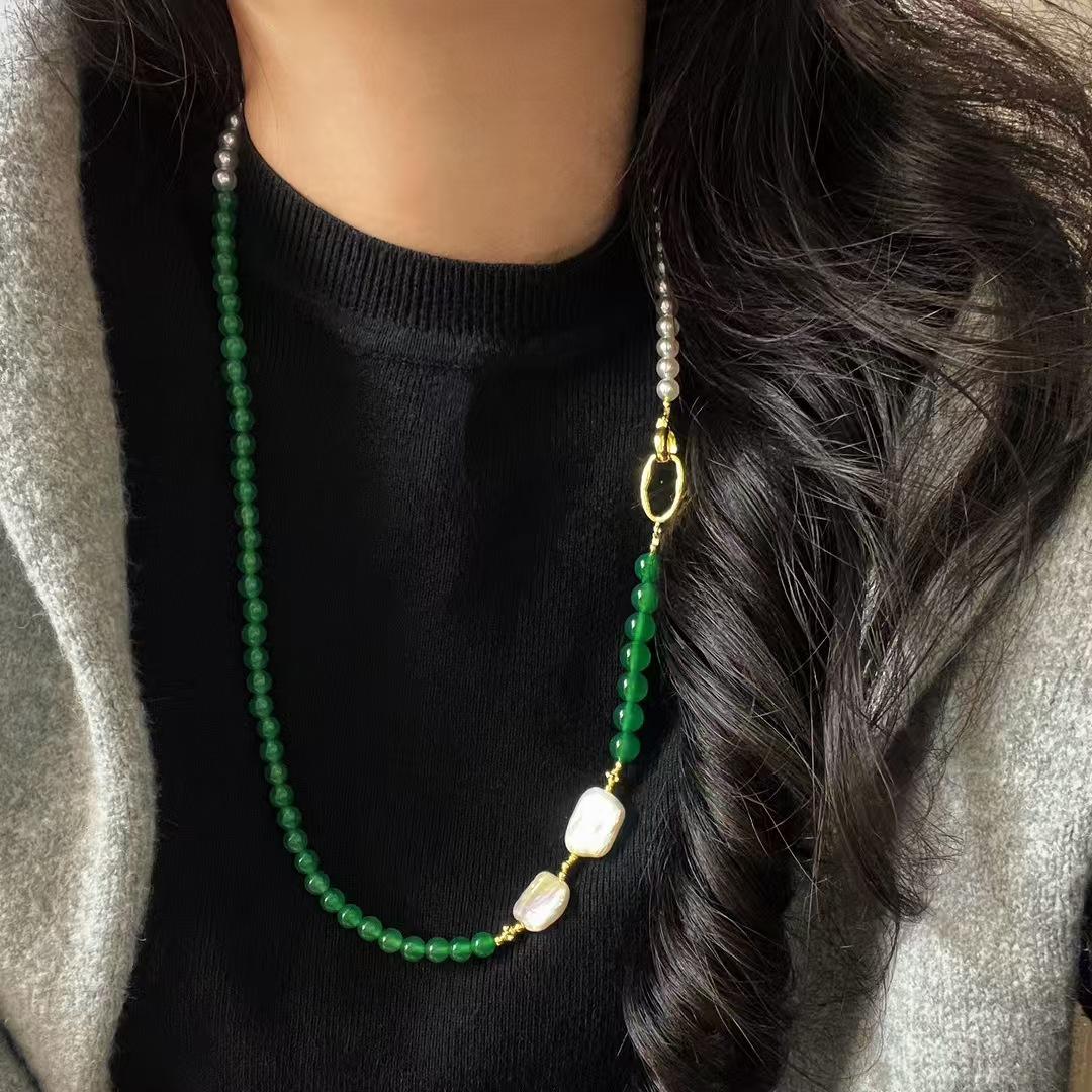 Vintage Natural Chalcedony Baroque Pearl Artificial Crystal Pearl Necklace Clavicle Chain Sweater Chain