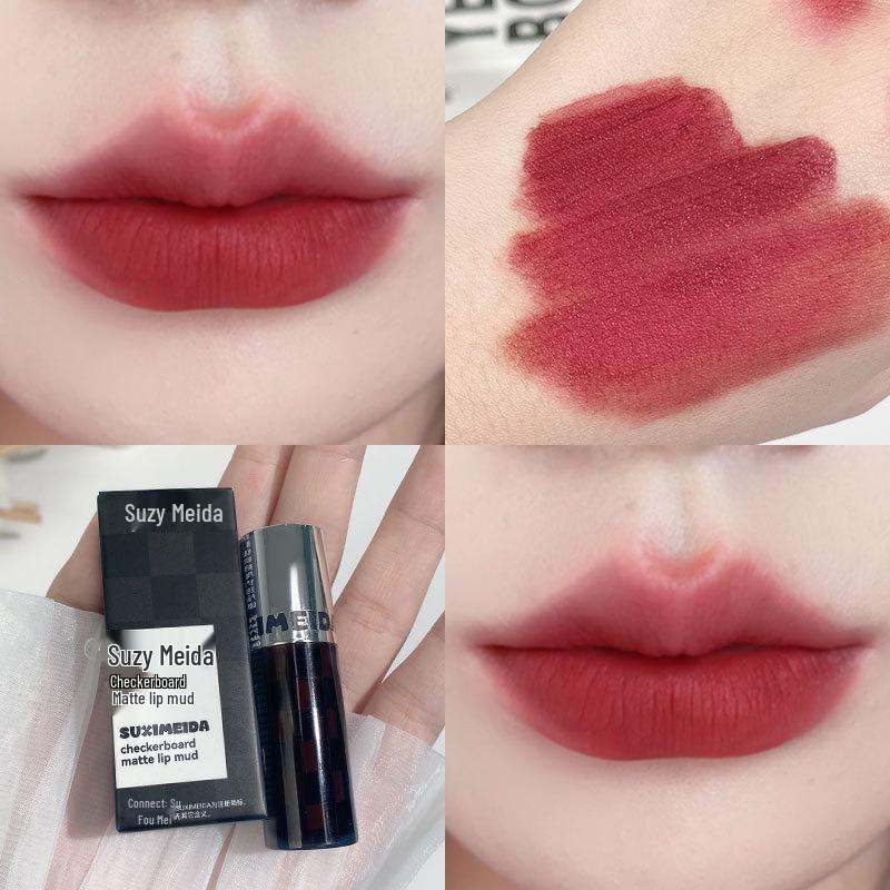 Dark Chic Velvet Lip Glaze - Checkered Matte, Ideal for Parties and Students