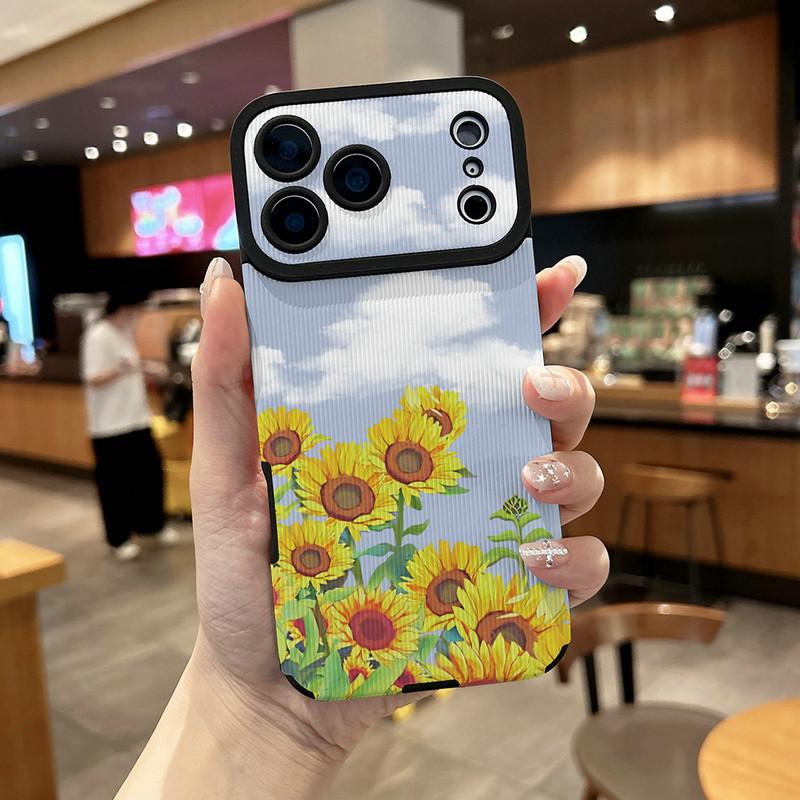 Sunflowers Tulips Floral Printed Vertical Grain Leather Soft Silicone Phone Case Back Cover with Camera Lens Full Protection for iPhone 17