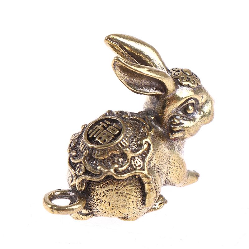 Chinese Year Antique Solid Copper Zodiac Lucky Rabbit Statue Ornament Vintage Copper Key Chain Figurine Decoration