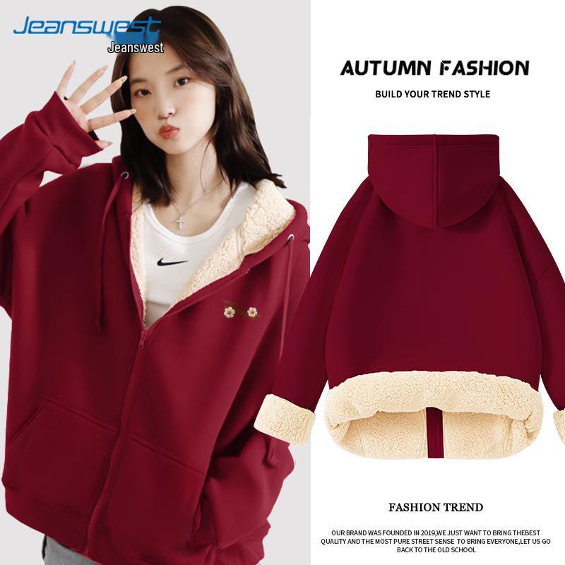 JEANSWEST Women's Thickened Lambswool Hooded Jacket