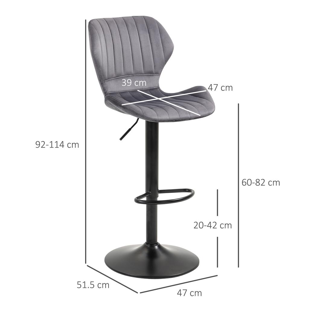 Set of 2 Height-Adjustable Bar Stools with Ergonomic Seat and Footrest, Tall Stools in Velvet Effect and Metal, 47x51.5x92-114 cm, Grey