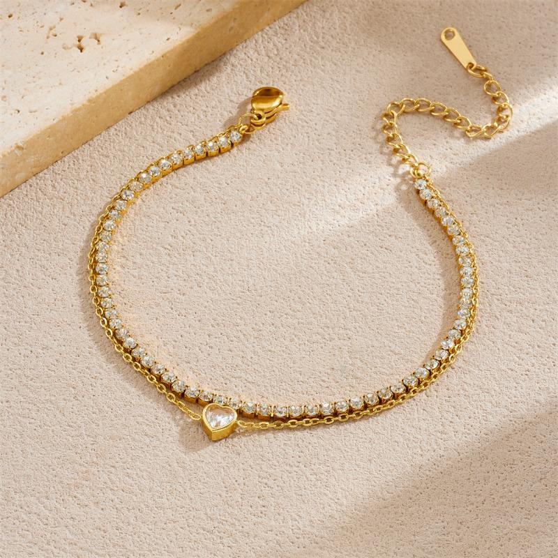 Gold Plated Layered Cubic Zirconia Heart Bracelet Dainty Tennis Chain Jewelry