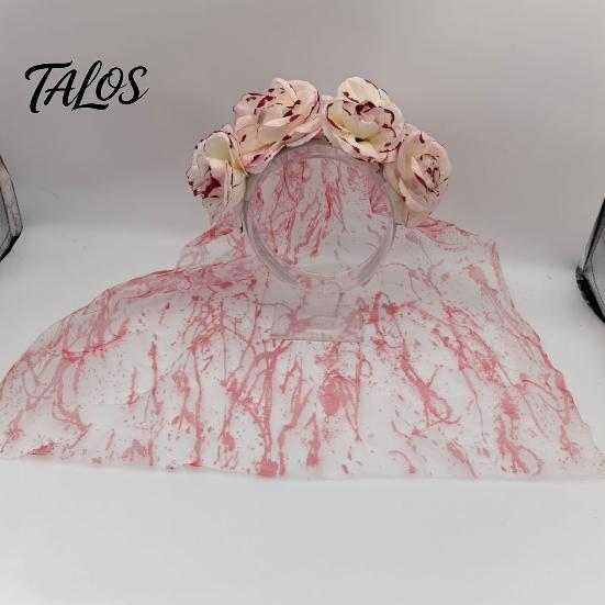 Tiara Cabeça de Rosa Talos, Véu Manchadode Sangue para Noiva Zumbi de Halloween, Aro de Cabelo de Malha Respirável com Design de Peça Única para Cosplay Temático de Casa Assombrada