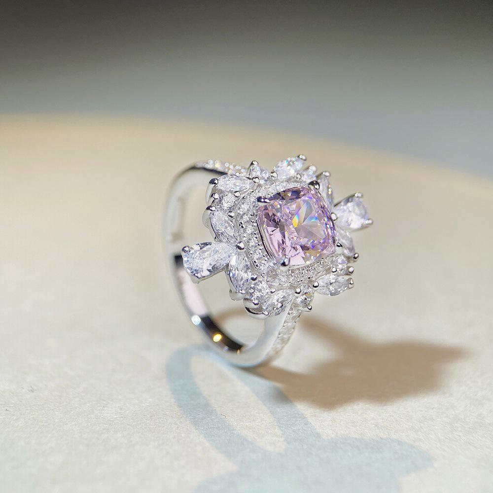 Ice Flower Full Diamond Pink Ring – Luxury S925 Sterling Silver for Women