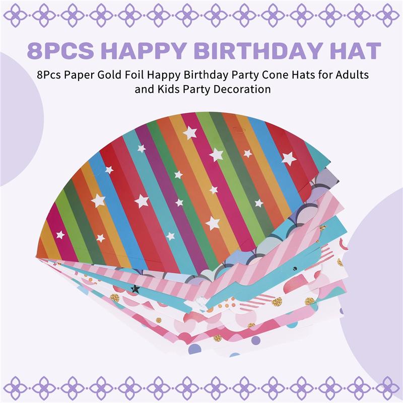 Versatile 8Pcs Paper Gold Foil Happy Birthday Party Cone Hats For Adults And Kids Party Decoration