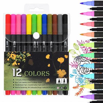 12-Color Double-Ended Watercolor Pen Set with Soft Tip Markers