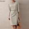 ZANZEA Women Casual Round Neck 3/4 Sleeve Elegant Sheath Dress
