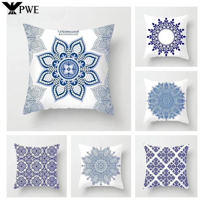 Blau Weiß Porzellan Druck Kissenbezug Böhmischer Stil Mandala Geometrie Kissenbezug Modern Mode Sofa Stühle Dekokissen