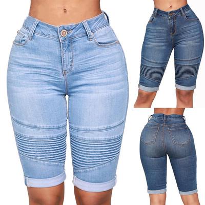 Kurze Damen-Jeans mit elastischem Bund und hoher Taille, halbe Slim-Fit-Denim-Jeans