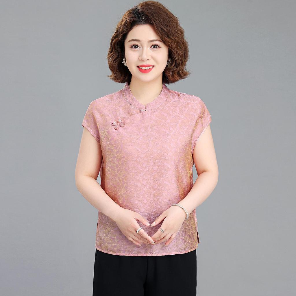 Mom's Chic Summer Chinese Style Two-Piece Short-Sleeve Top for Middle-Aged Women