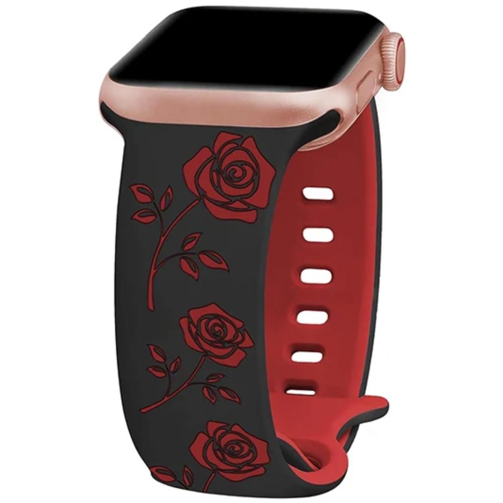 Two-Tone Flower Engraved Watch Band 46mm Compatible with Apple Watch Series 10 42mm 38/40/41/44/45/49mm for Women Rose Flower Soft Straps
