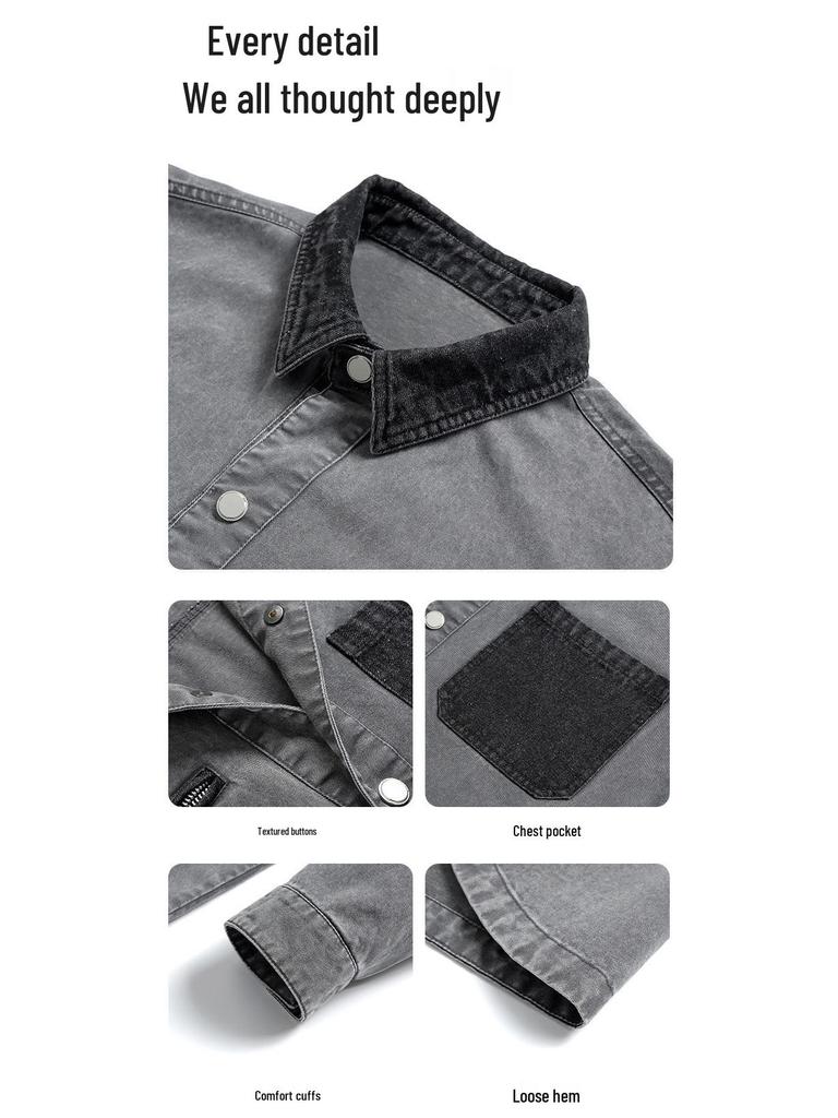 Men's Spring 2026 Retro Washed Cotton Jacket with Patchwork Lapel - Casual Trendy Outerwear